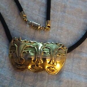 Vtg ACCESOCRAFT NYC Necklace Modernist Face Masks Black Cord Gins RARE theatre.